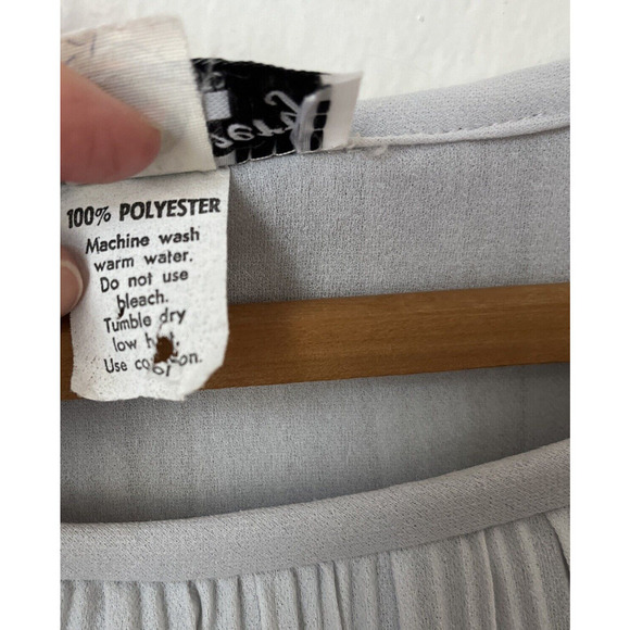 60s silver pleat‎ womens dress midi blouson chiffon long sleeve disco retro M - Picture 4 of 9